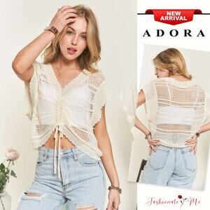 ADORA Front Drawstring Detail V-Neck Drop Shoulder Crochet Pattern Top | Beige